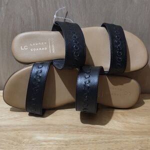 LC Lauren Conrad Black Double Strap Slide Sandals with Tan Footbed